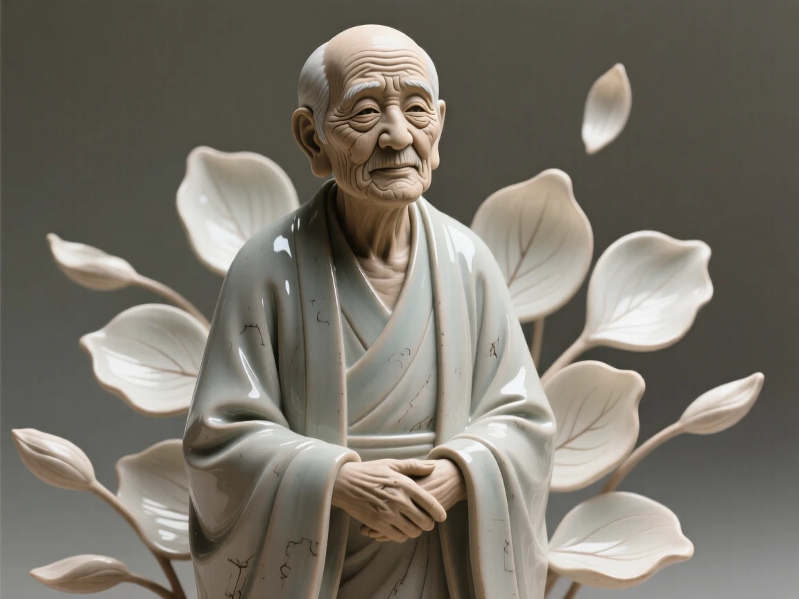 A wise elder with deeply lined, kind eyes standing proudly with chin lifted high, surrounded by softly falling petals, stirring nostalgia and heartfelt warmth.