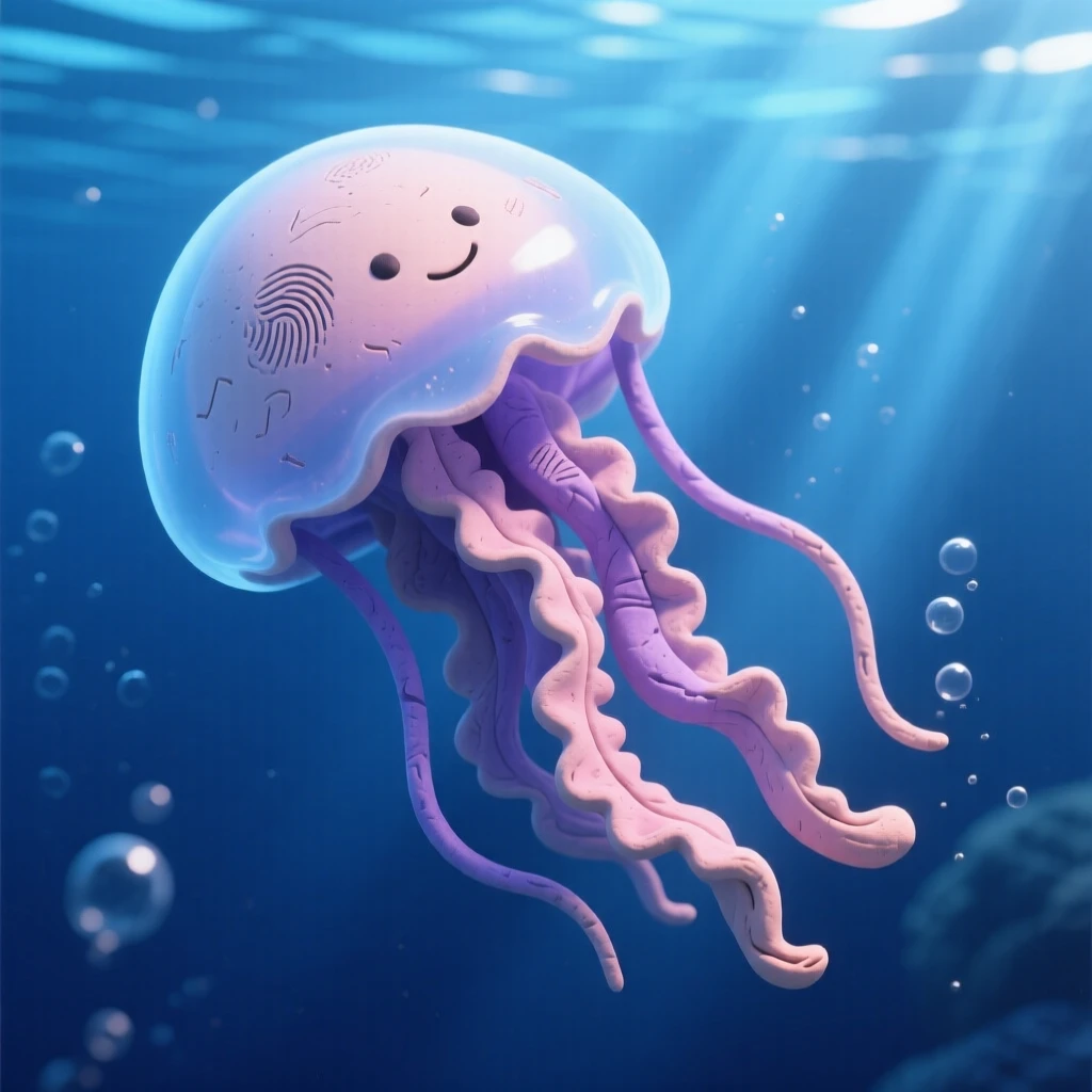 A jellyfish drifting through deep blue water lit by scattered sunbeams