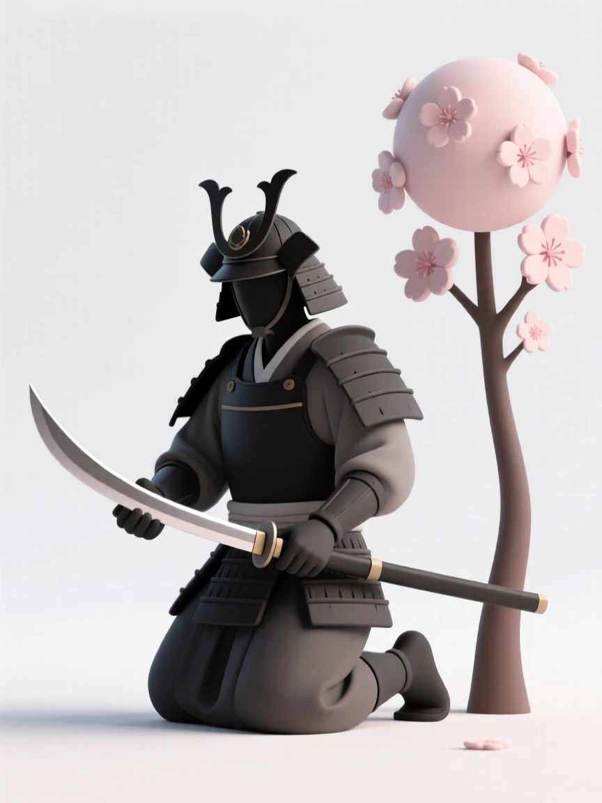 A proud Samurai warrior kneels beside a cherry blossom tree, polishing a curved katana blade resting across his knees.