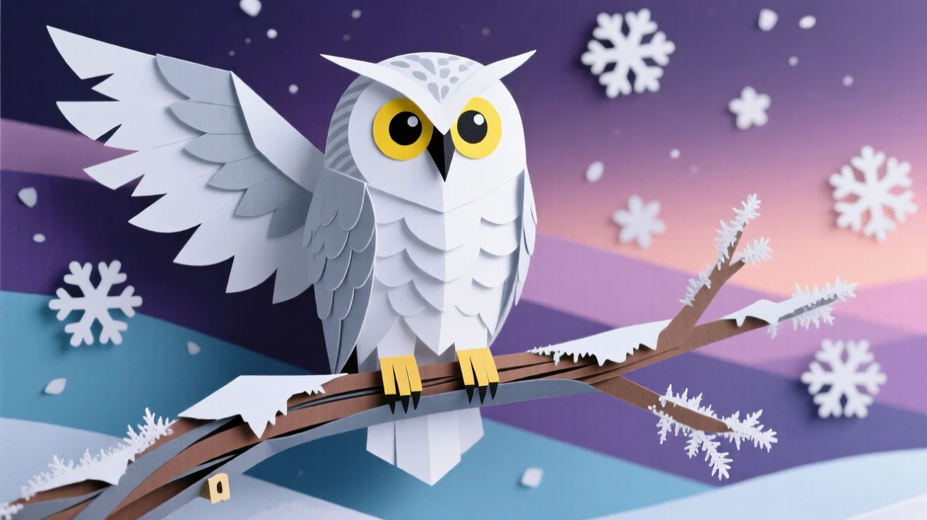 A majestic snowy owl perched on a frost-covered branch at dusk, its piercing yellow eyes fixed on the viewer, snowflakes drifting softly around it, conveying quiet wisdom and mystery.