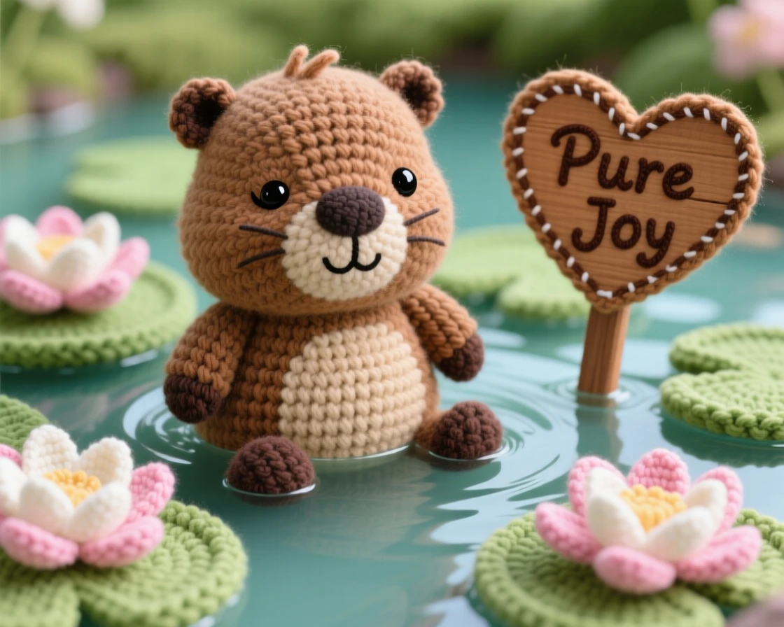 a baby capybara, with coarse brown fur and a calm expression, soaking in a warm puddle with eyes closed, set in a tranquil lily pond with lotus blossoms, with a little wooden sign shaped like a heart, evoking a moment of pure innocent joy.