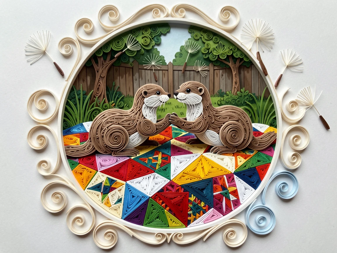 A heartwarming scene of a pair of otters holding paws while floating on their backs on a quilted patchwork blanket in a backyard, framed in a close-up circular vignette, accented with a few floating dandelion seeds.