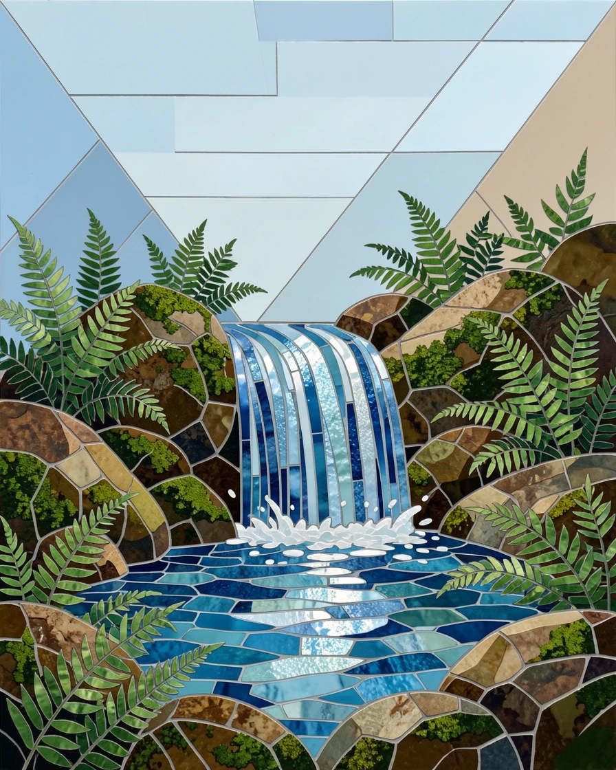 A hidden waterfall pool surrounded by moss-covered rocks and ferns.