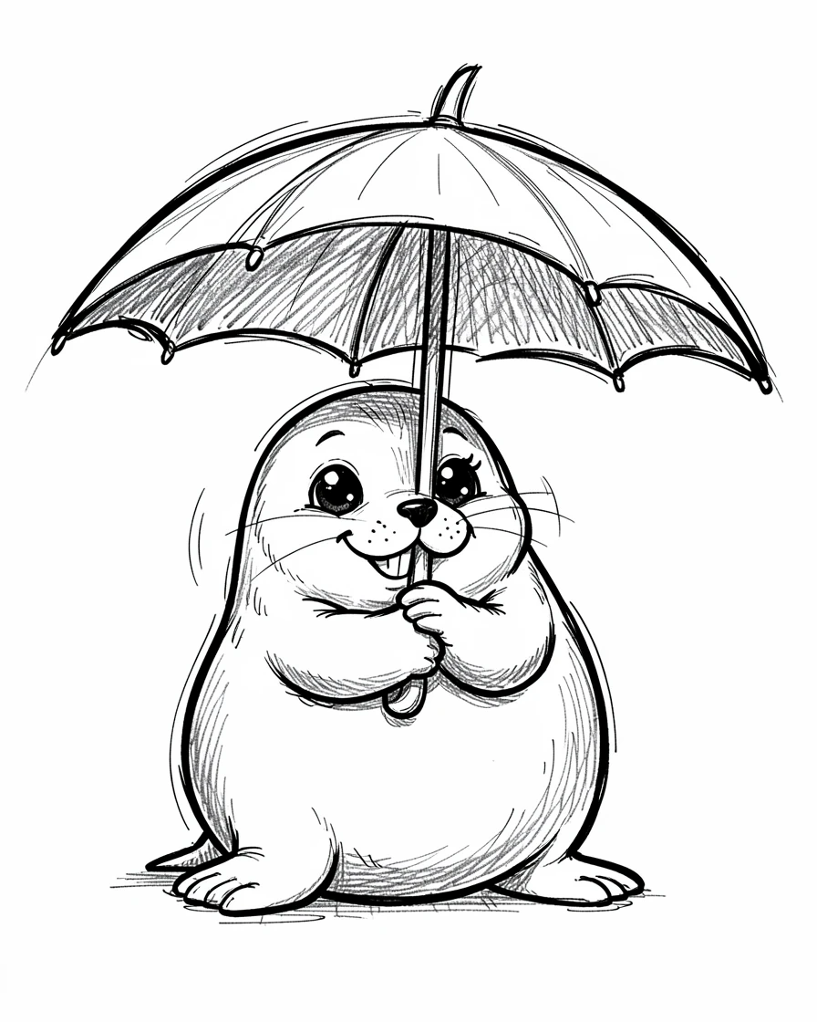 A chubby seal pup holding an umbrella made of a leaf.
