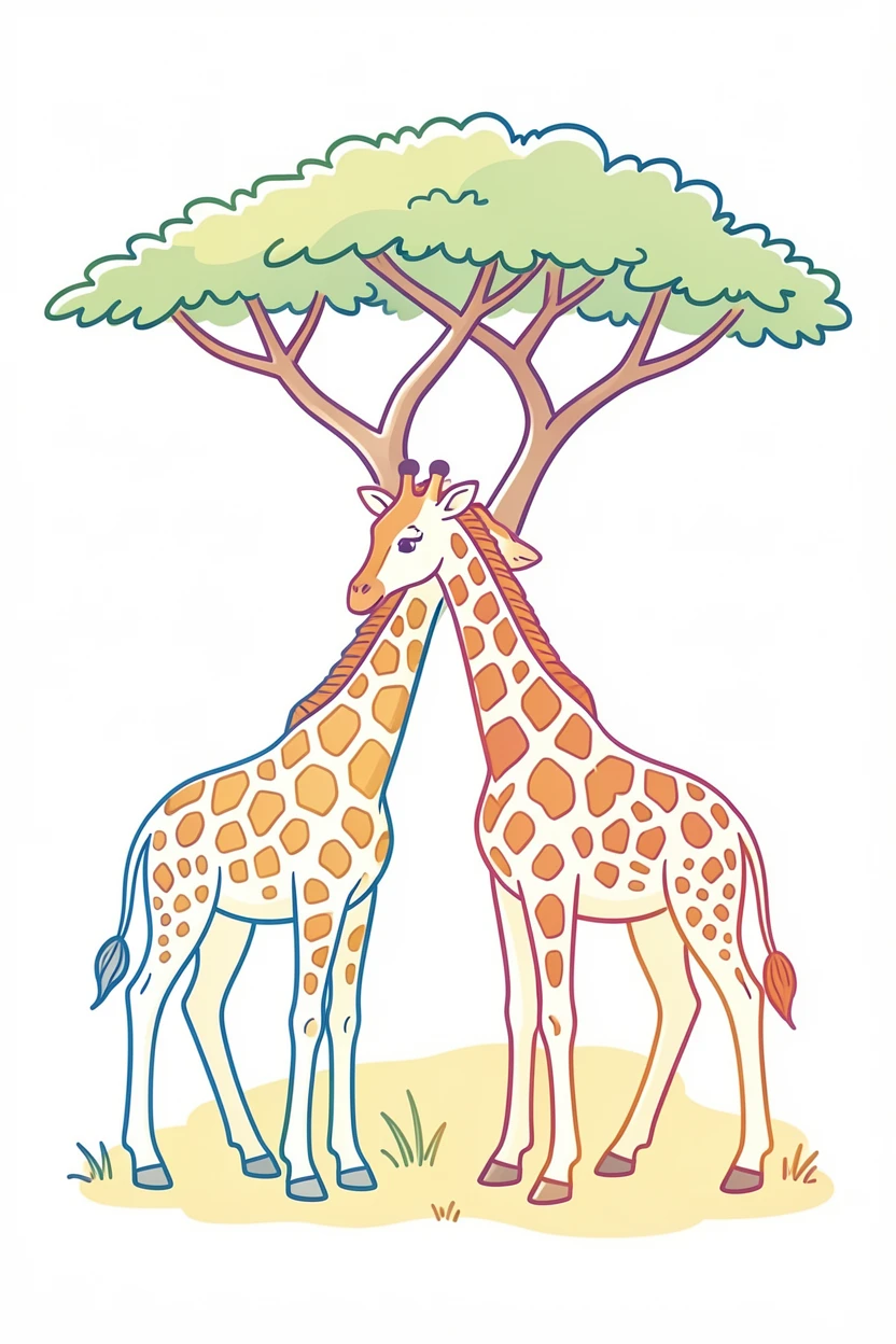 A baby giraffe nuzzling its mother beneath a lone acacia tree on the savanna.
