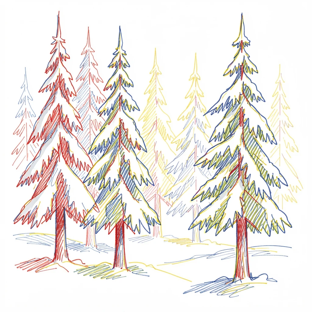A dense pine forest after fresh snowfall, branches heavy and silent