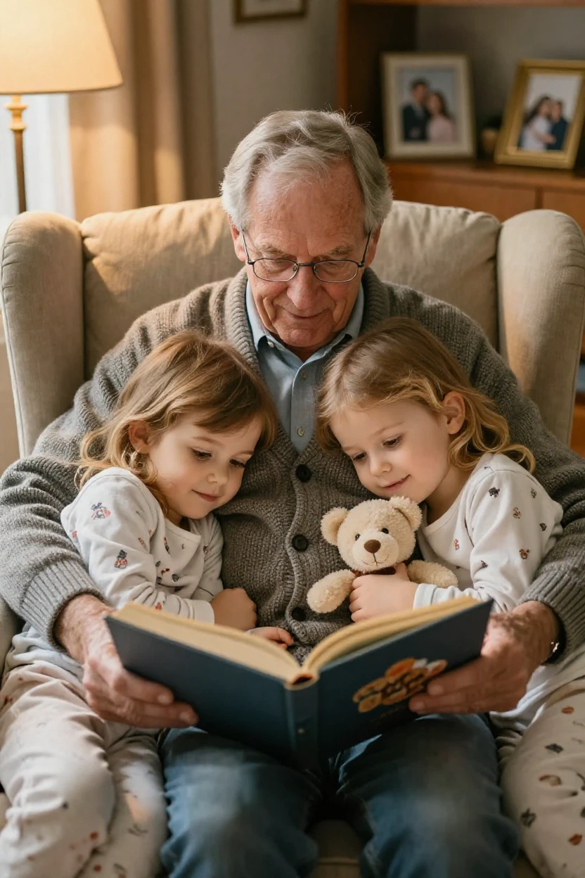 A grandfather reading a bedtime story to his grandchildren
