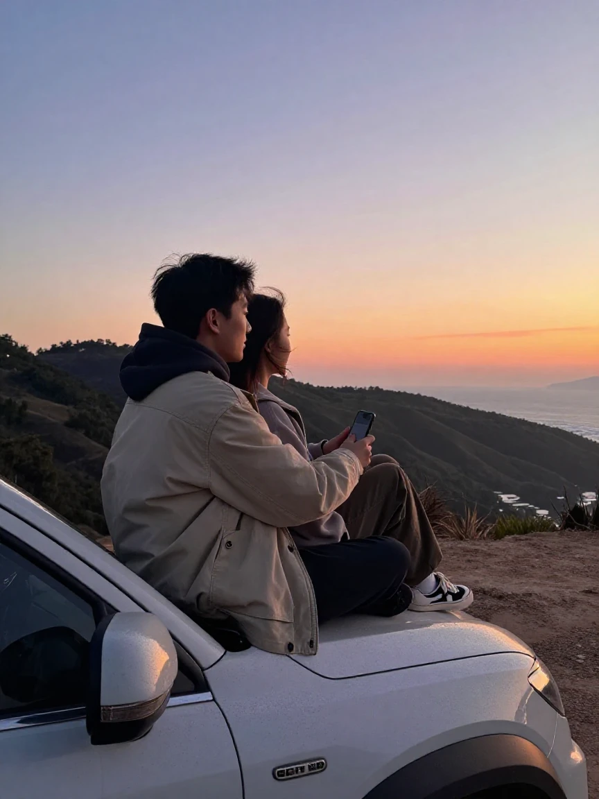 A young couple watches the sunrise from the hood of their car parked on a quiet cliff overlook.