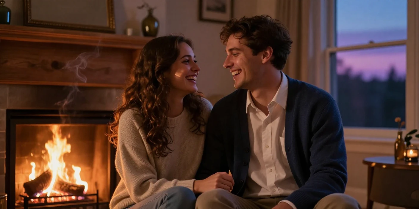 A young married couple sharing a quiet laugh together beside a crackling fireplace at dusk