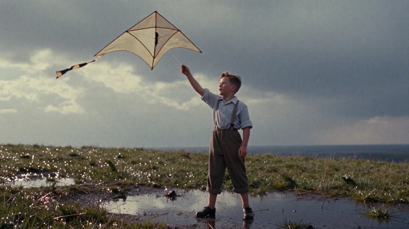 A boy flying a kite on a windy hilltop, in low lamplight, just after a rain shower, with puddles reflecting the sky, in early spring, in cool blues and silvery greys, from a slightly elevated vantage point.