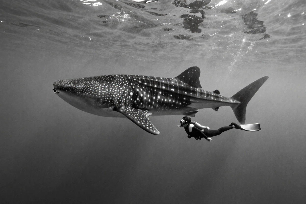 A whale shark glides slowly past a diver in open tropical waters.