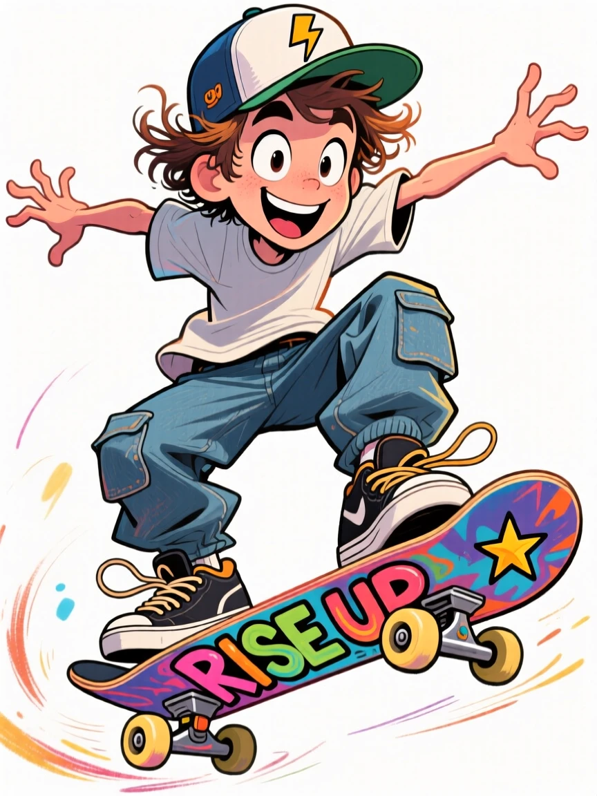 A young skateboarder mid-trick, arms out for balance, backwards cap and baggy jeans.