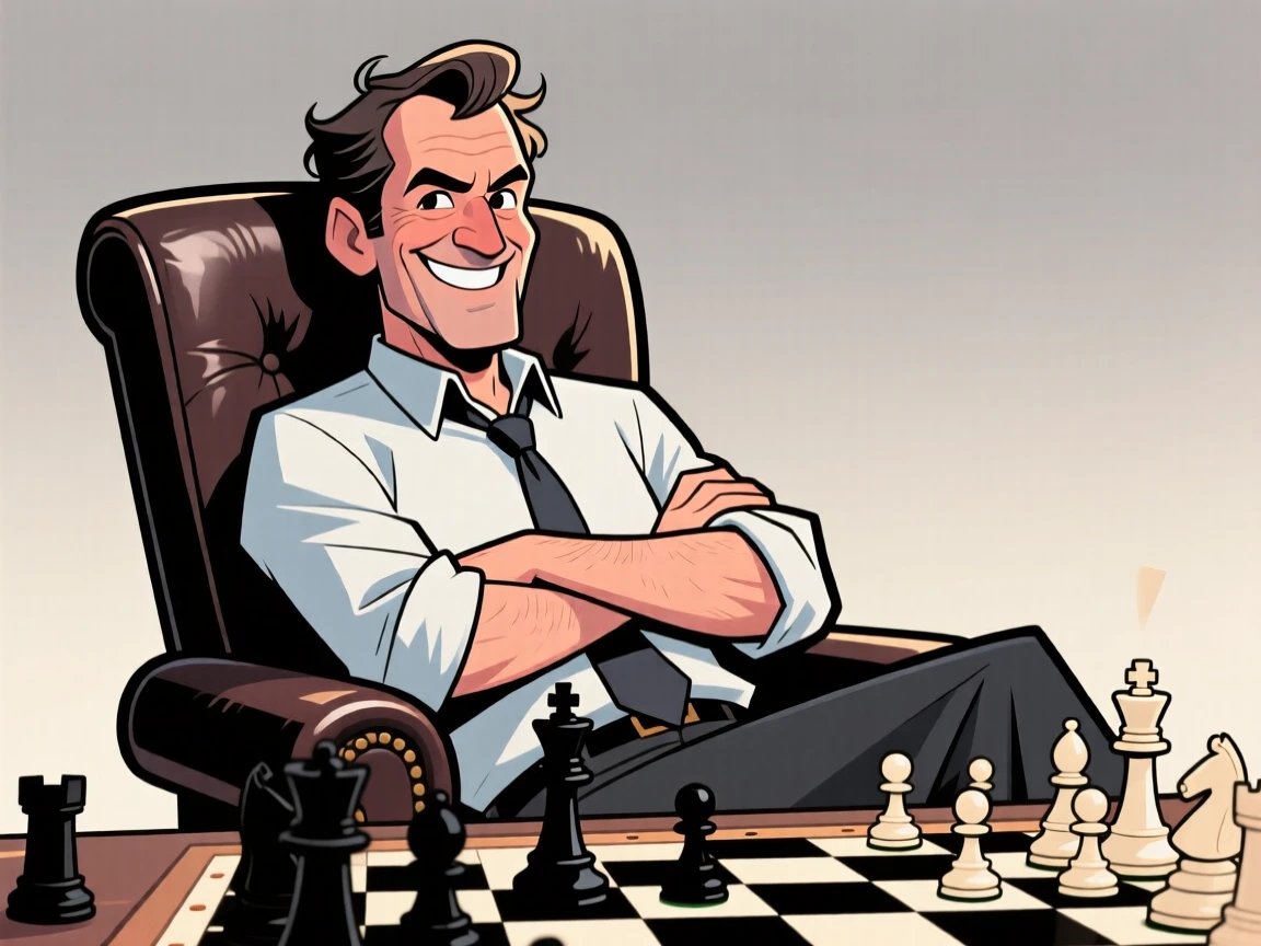 A memorable character portrait of a triumphant chess grandmaster leaning back in his chair with arms crossed, a satisfied smirk after checkmate.