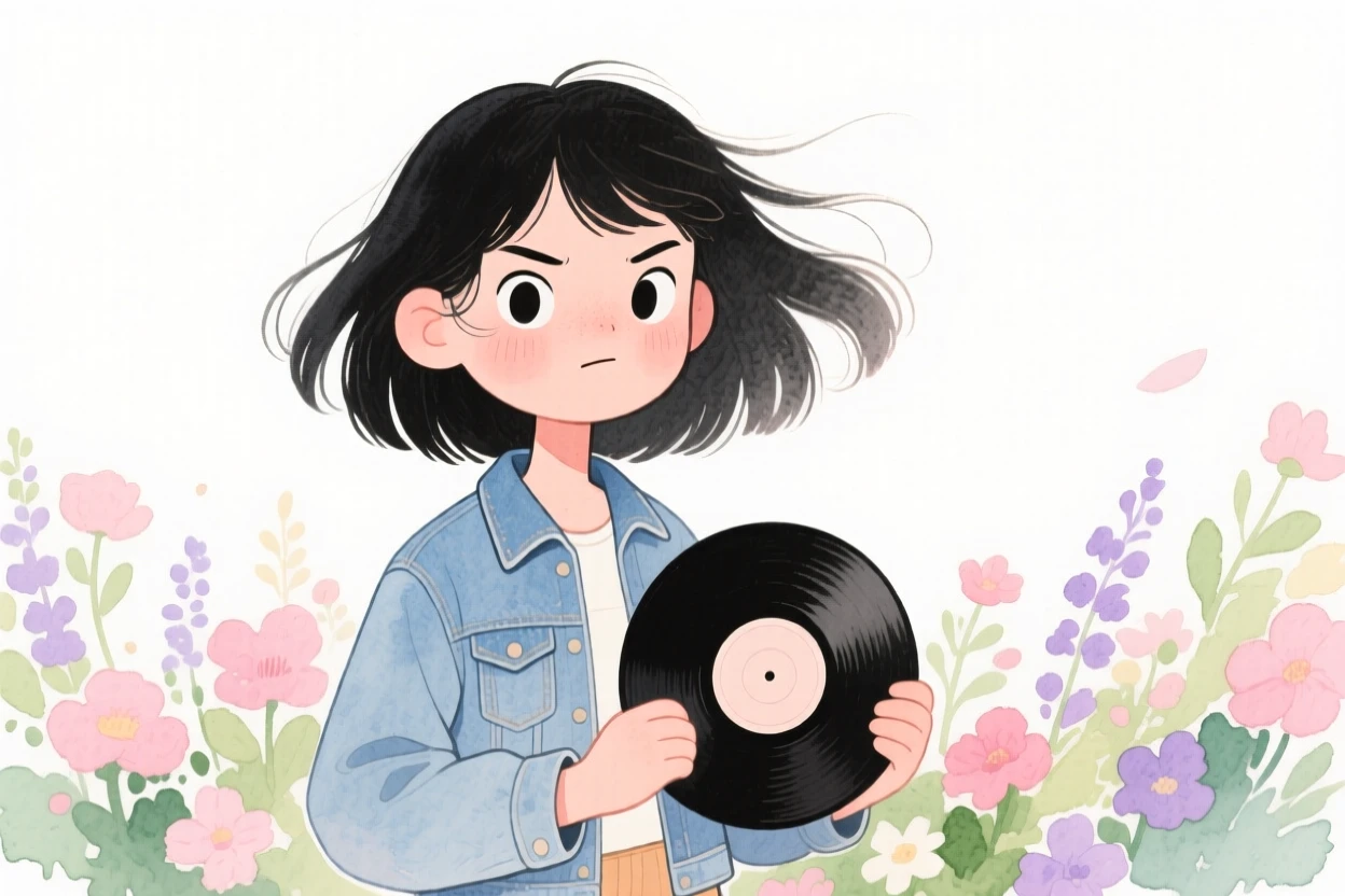A teenage girl with flowing black hair caught in the wind, looking determined, wearing a vintage denim jacket and holding a vinyl record, in front of a blooming garden