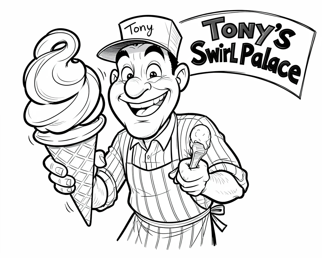 [People Portraits & Characters] Portrait of a cheerful ice cream vendor scooping a giant swirl cone, full of personality and charm