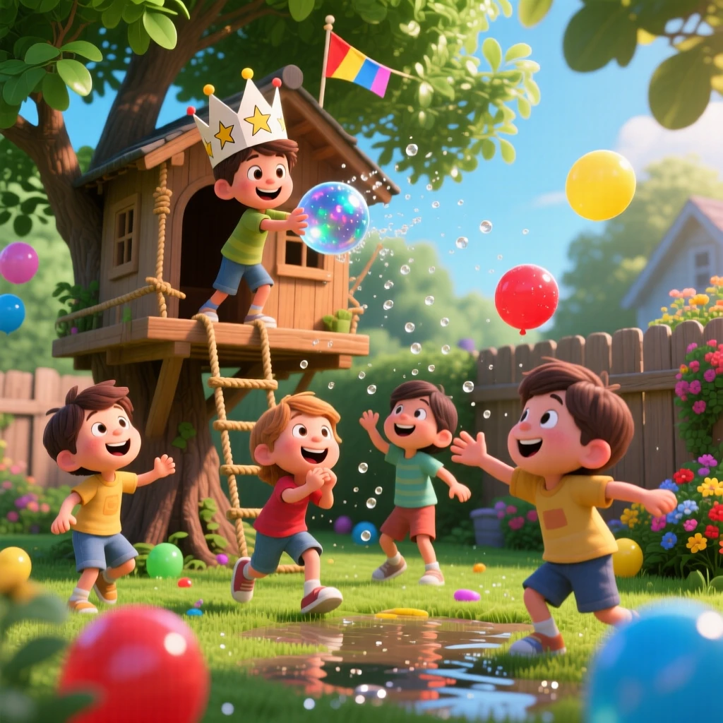Kids having a water balloon fight in the backyard takes place beside a treehouse strung with rope ladders, with a paper crown perched slightly crooked. The scene bursts with childhood wonder and delight.