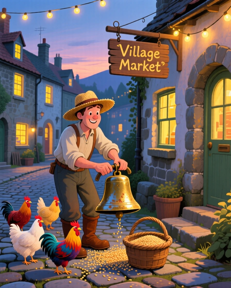 In a cobblestone village street, a farmer feeding chickens is busy polishing an old brass bell, with warm light spilling from every window.