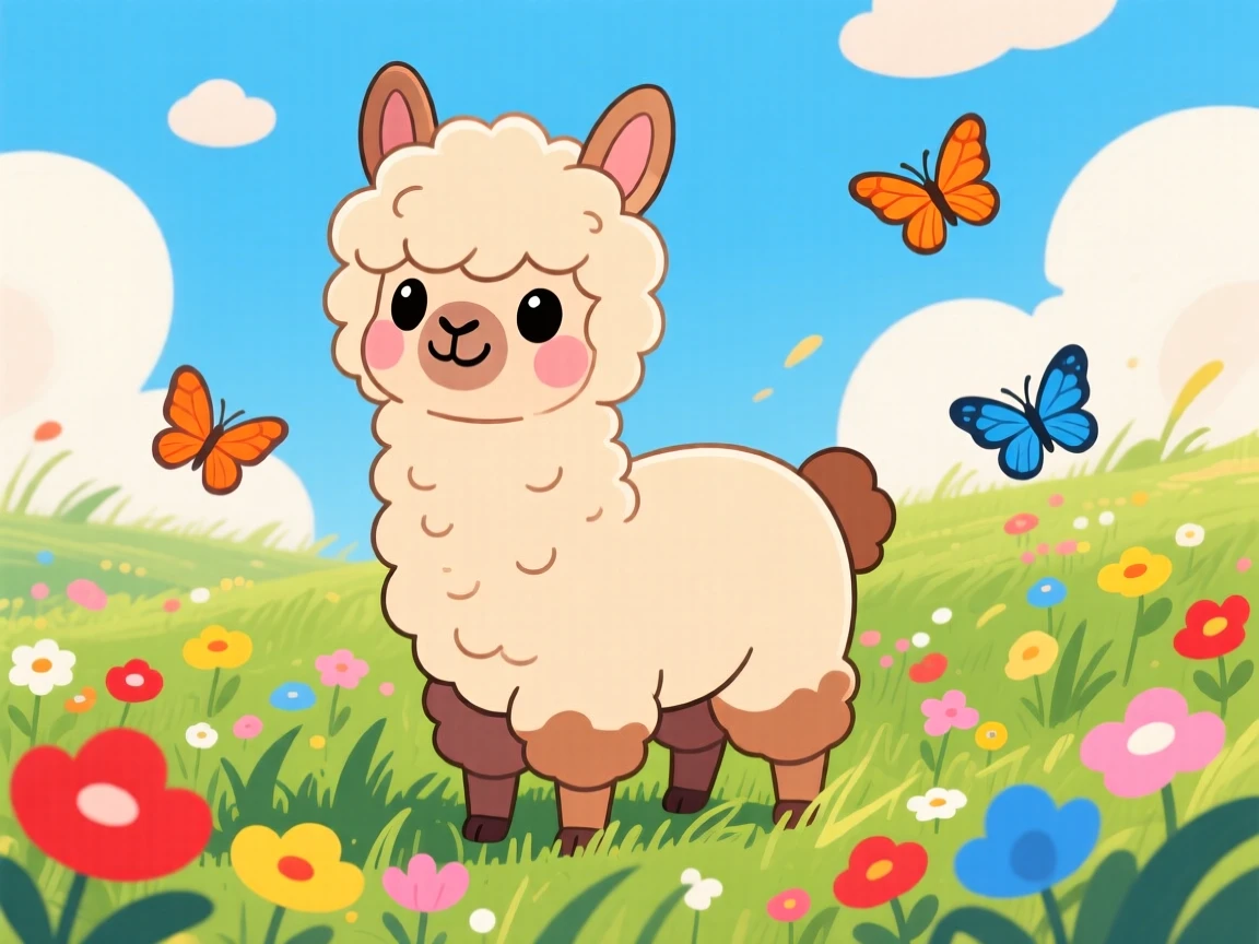 A baby alpaca with a fluffy fringe standing in a meadow.
