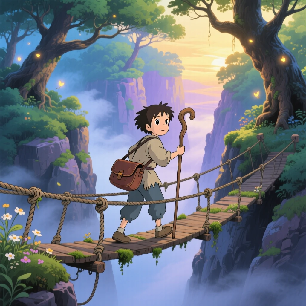 A traveler crossing a rope bridge over a misty canyon, the moment quietly triumphant.