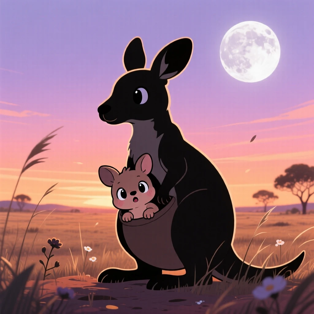 A baby kangaroo joey peeking out from its mother's warm pouch, framed as a silhouette composition within a sunset-lit outback plain, during a light summer breeze, glowing under soft moonlight, evoking gentle surprise.