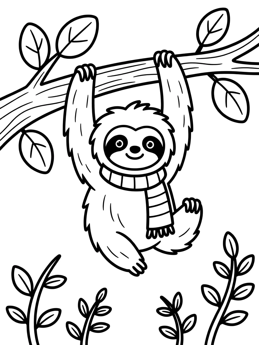 A baby sloth hanging upside down from a tree branch