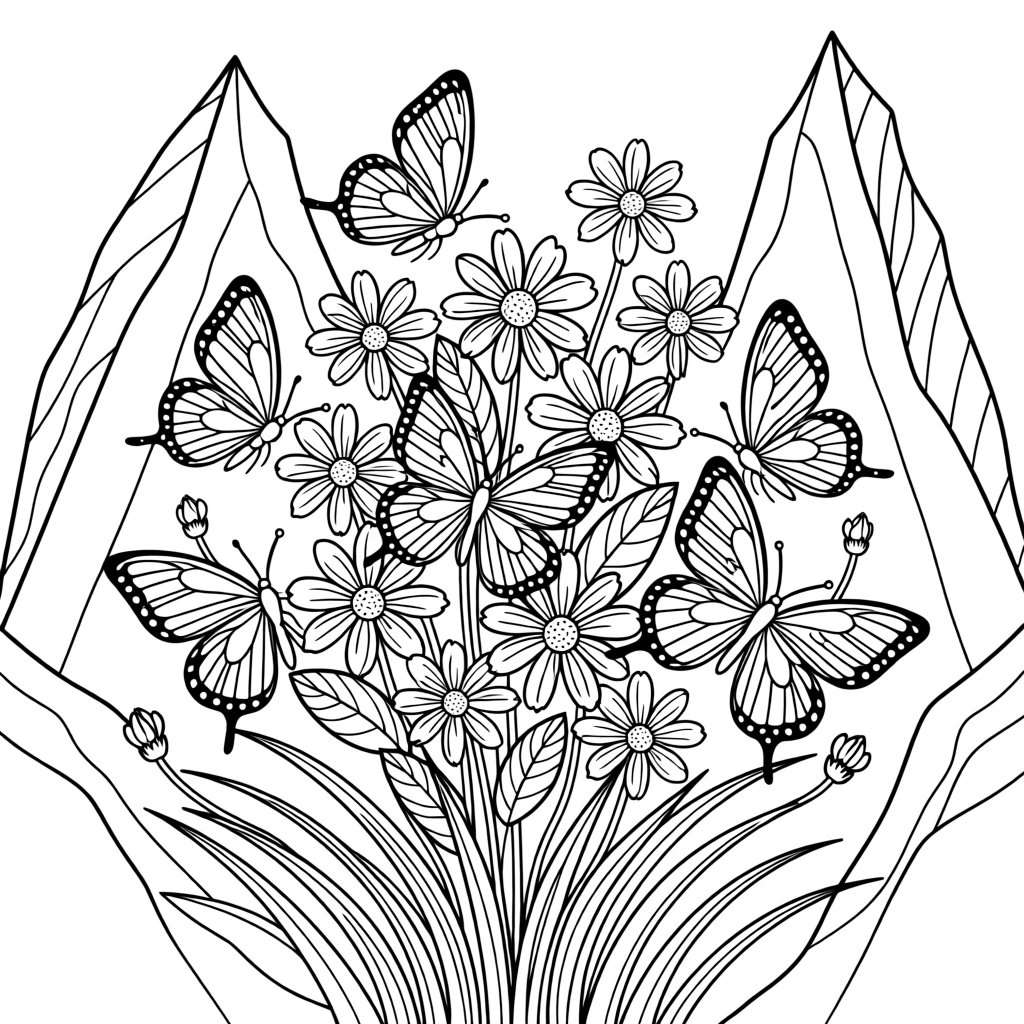 A cluster of butterflies resting on a bundle of wildflowers, framed by jagged rock formations.