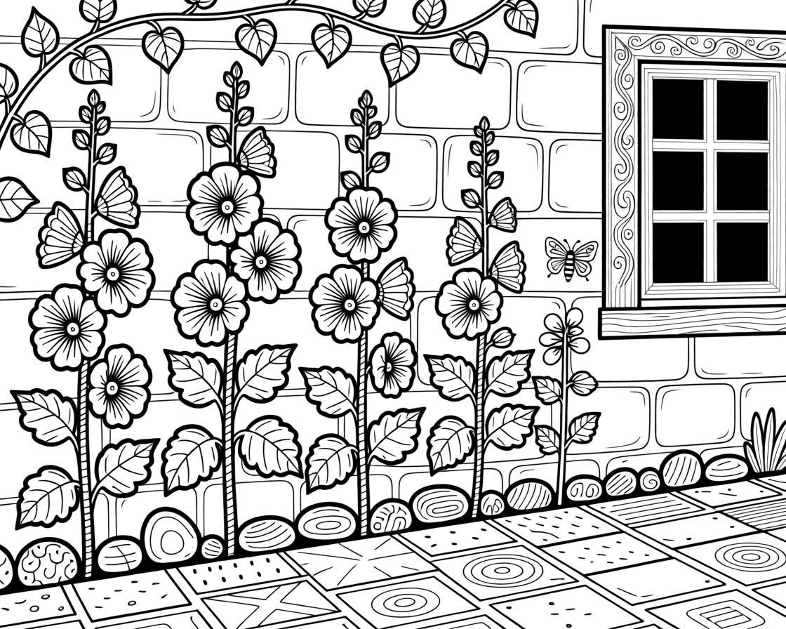 A row of hollyhocks growing tall against a cottage wall.