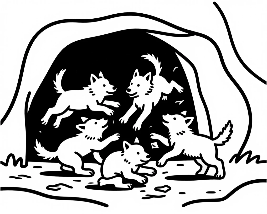 A litter of wolf pups tumbling and playing outside a den entrance.
