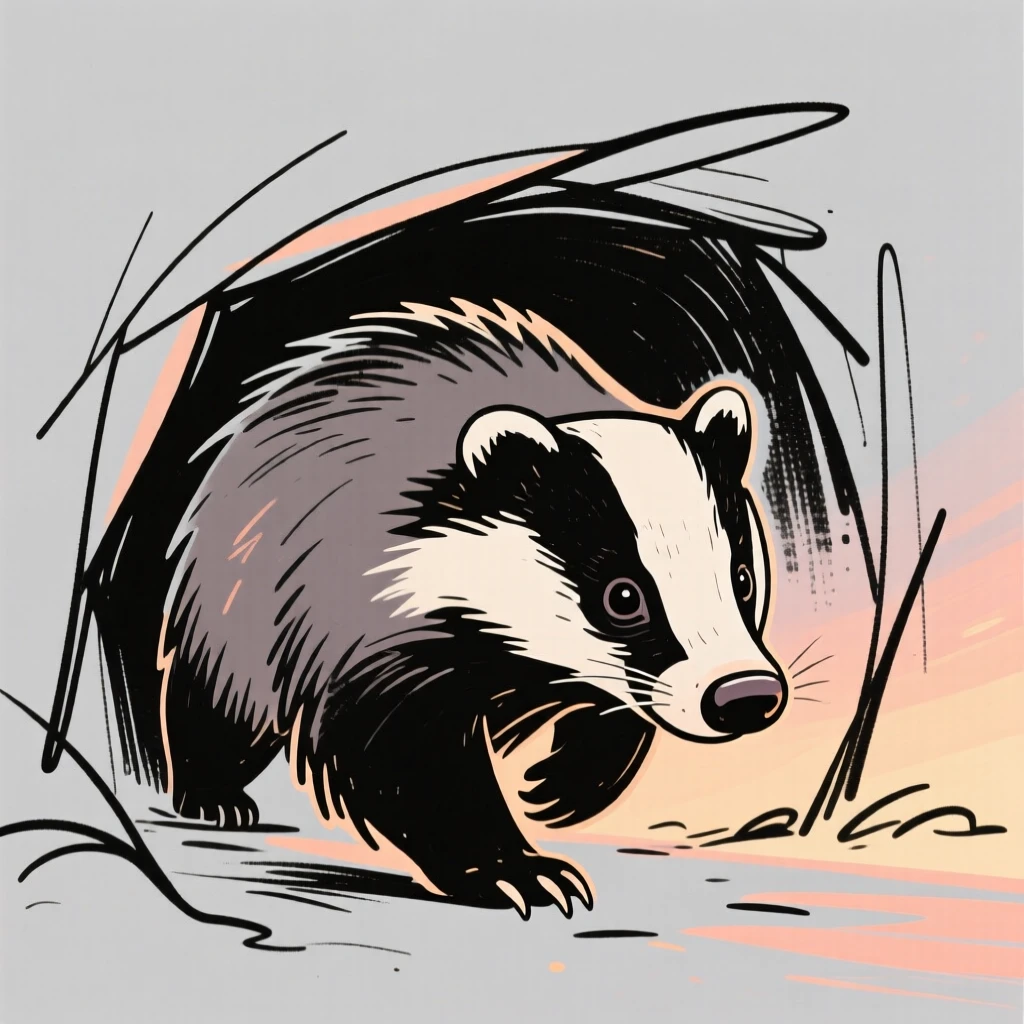A badger emerging cautiously from its den at dusk.
