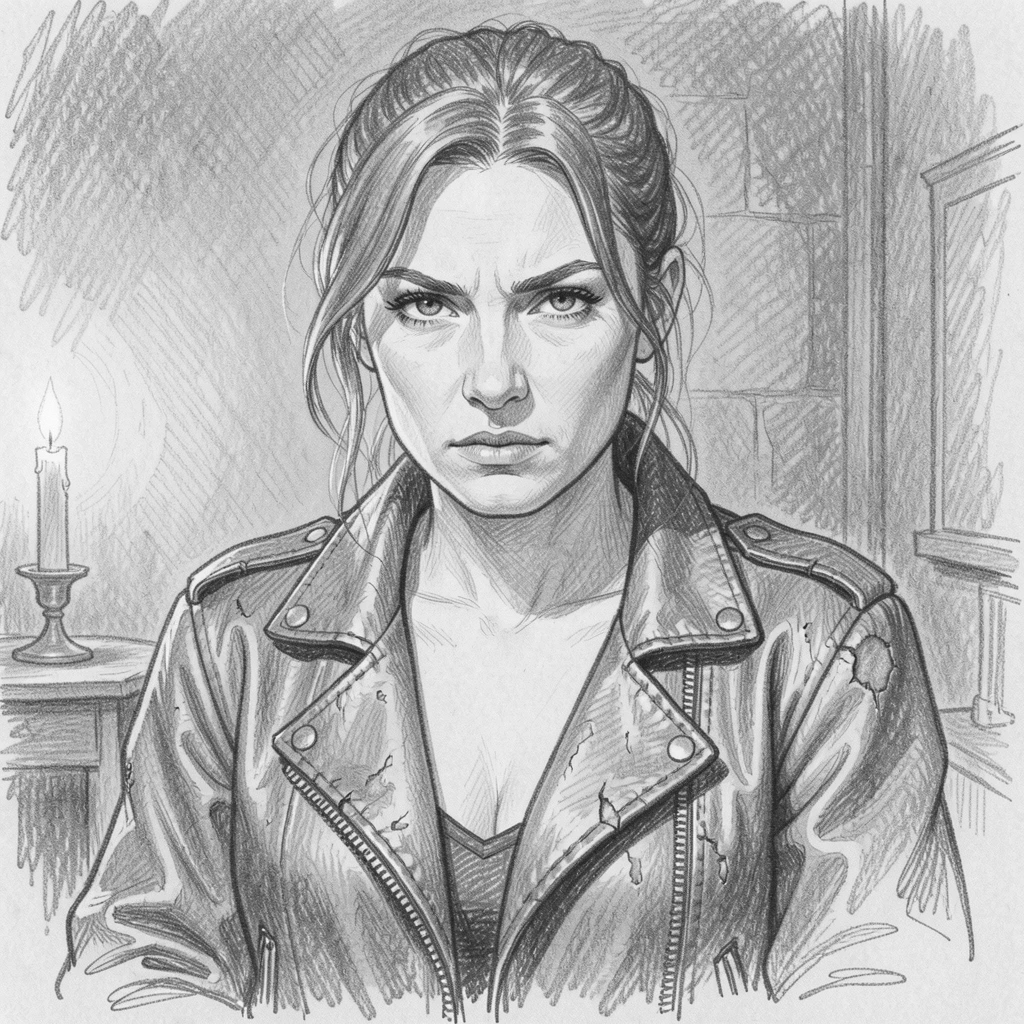A tender portrait of a determined female boxer, wearing a weathered leather jacket, in a candlelit room.