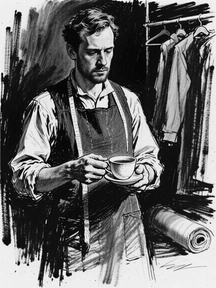 A tailor holding a cup of tea with both hands, lost in memory, backstage before a performance.