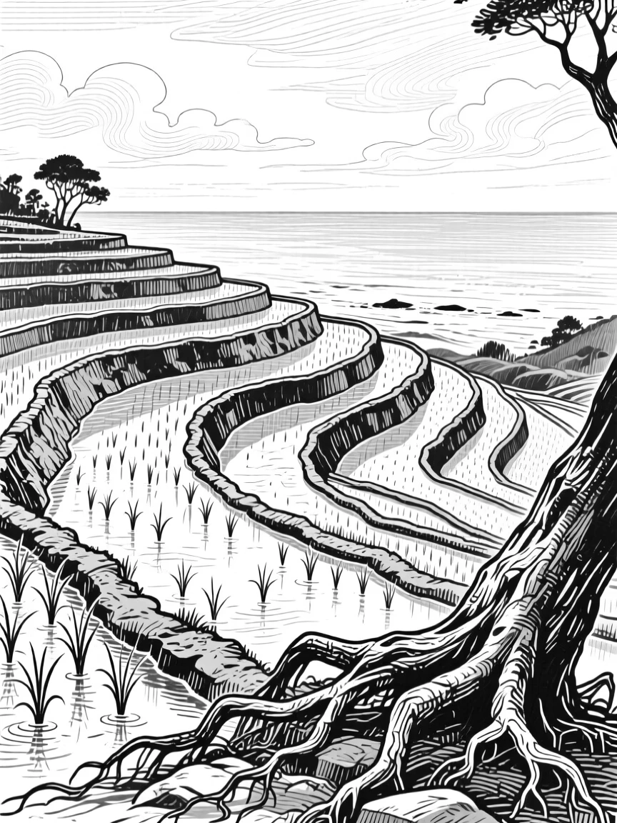 A terraced rice field with the sea stretching out to meet the sky, with gnarled roots gripping the rocky soil, evoking a softly romantic atmosphere in a wide, balanced composition.