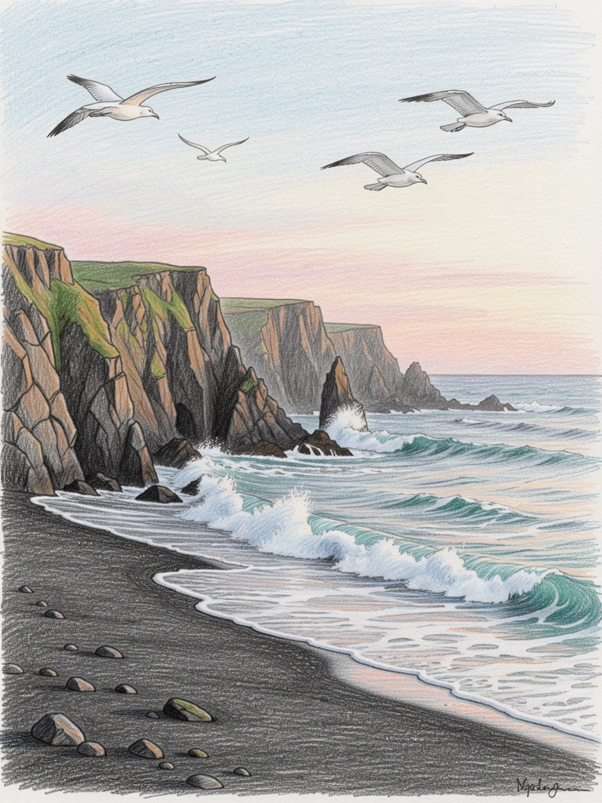 A rocky Icelandic coastline with black sand and crashing waves, as birds glide silently overhead in the fading light, designed to feel like a peaceful escape from everyday life.
