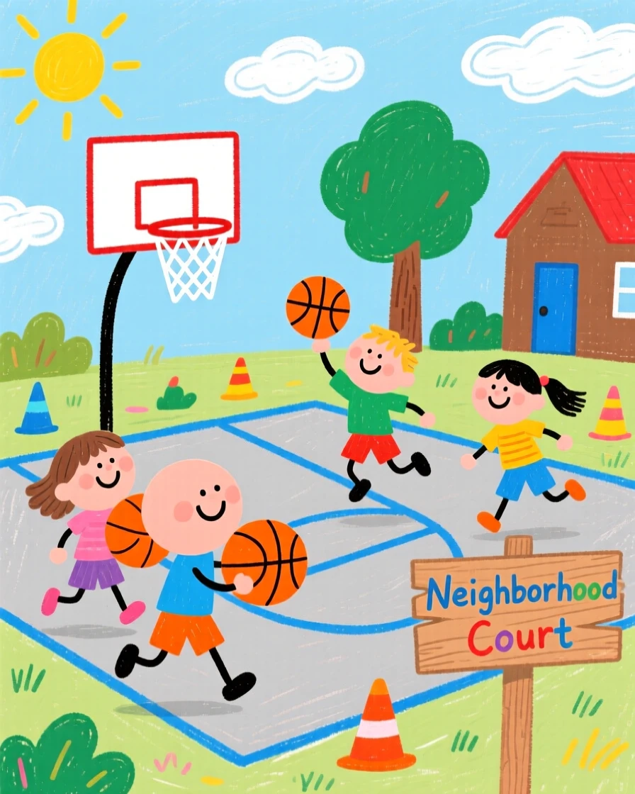 A group of friends playing basketball at a neighborhood court.
