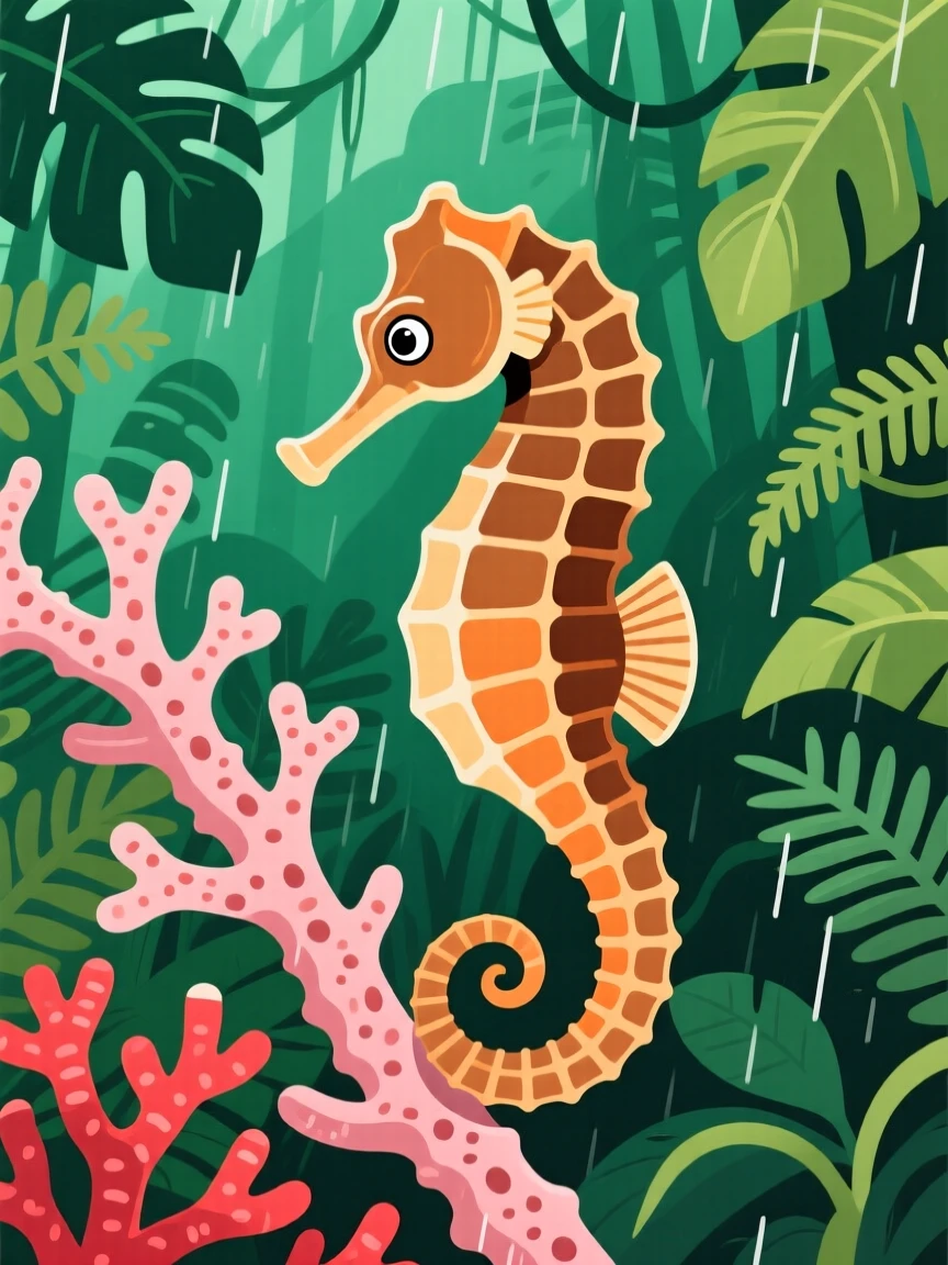 A seahorse curling its tail around a strand of coral, set against a lush green rainforest backdrop, captured mid-motion with a dynamic diagonal composition, with a sense of playful curiosity captured perfectly.