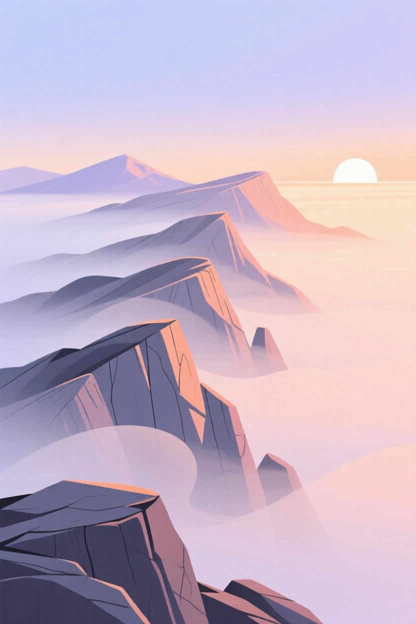 A misty alpine ridge at sunrise with soft light filtering through the layered rock formations.