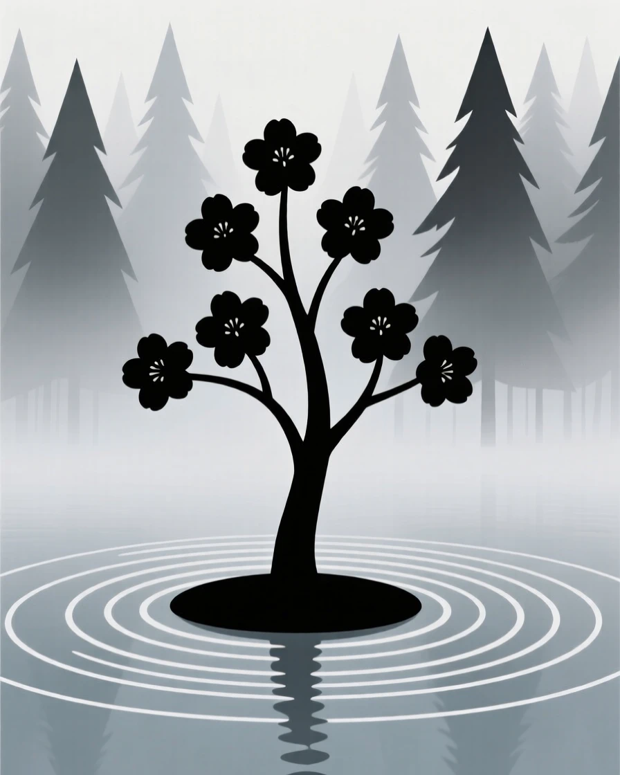 A cherry blossom tree, silhouetted alone against a foggy pine forest, surrounded by ripples spreading across still water, full of raw natural power.