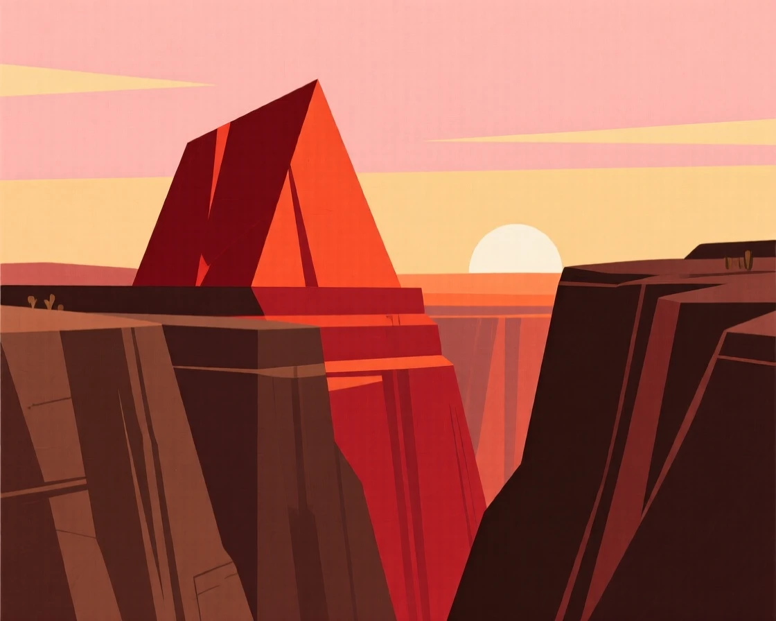 A red rock formation in a canyon at sunset