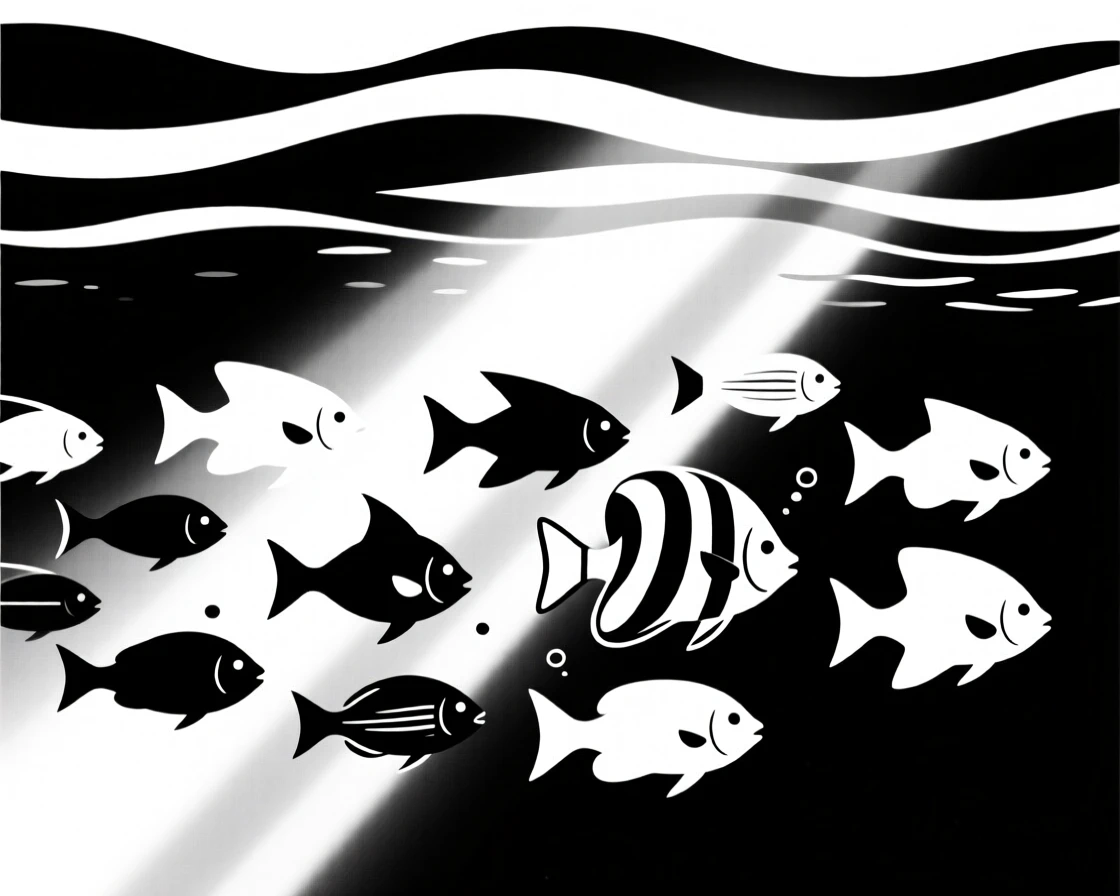 A school of tropical fish beneath sunlit ocean waves.