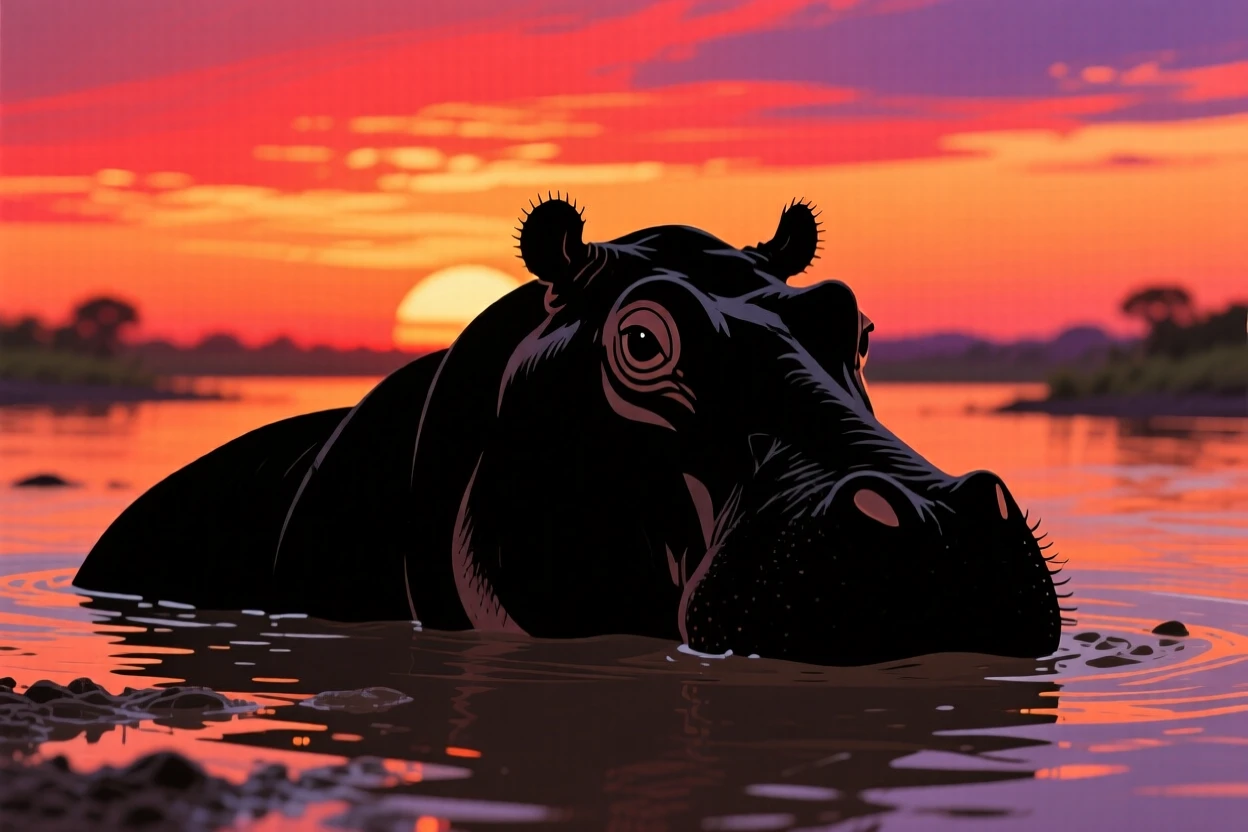 A hippopotamus submerged in a muddy river with only its eyes and ears above the surface.