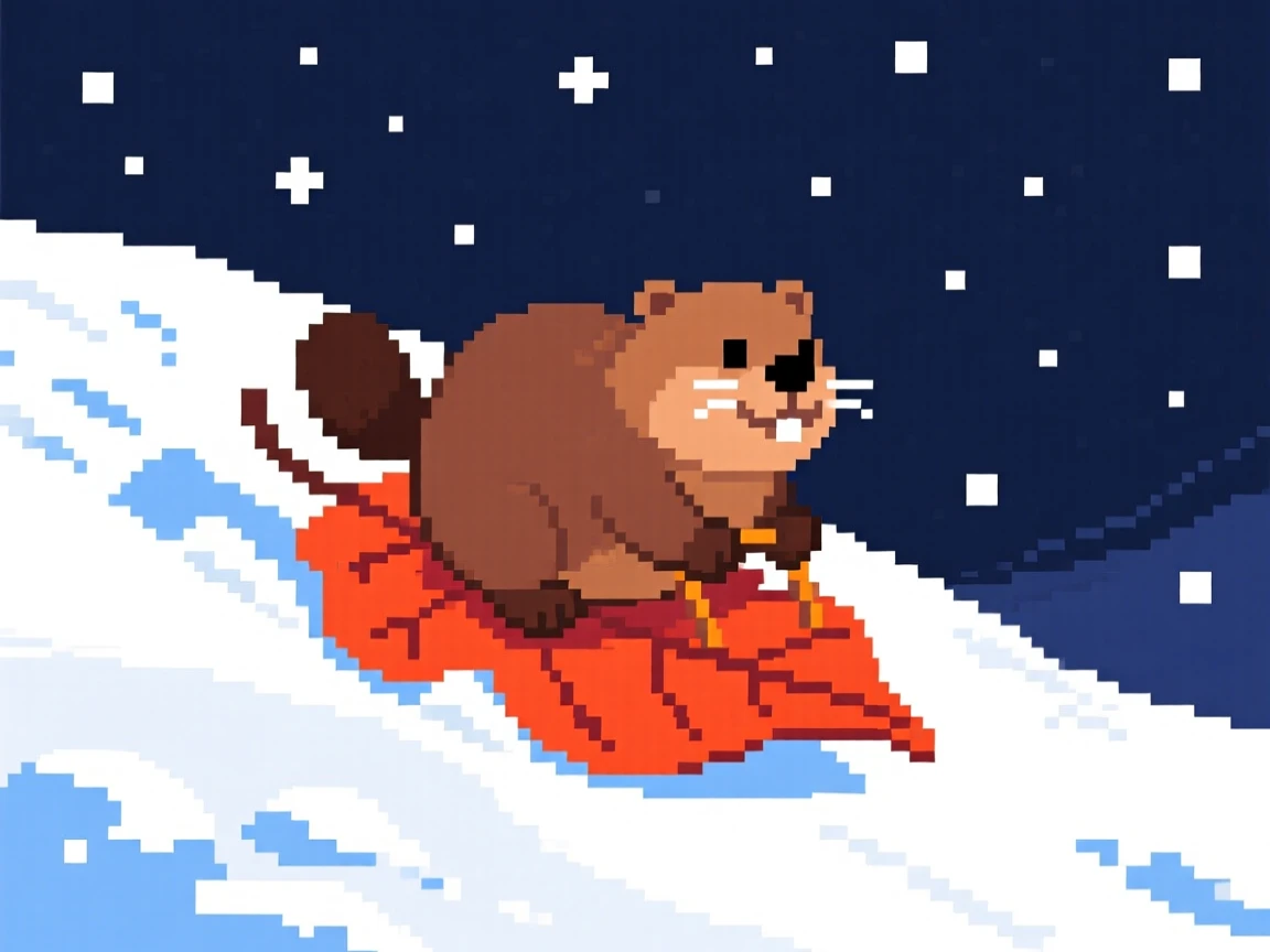 A chubby beaver sledding down a snowy hill on a leaf, on a snowy hillside under the stars.