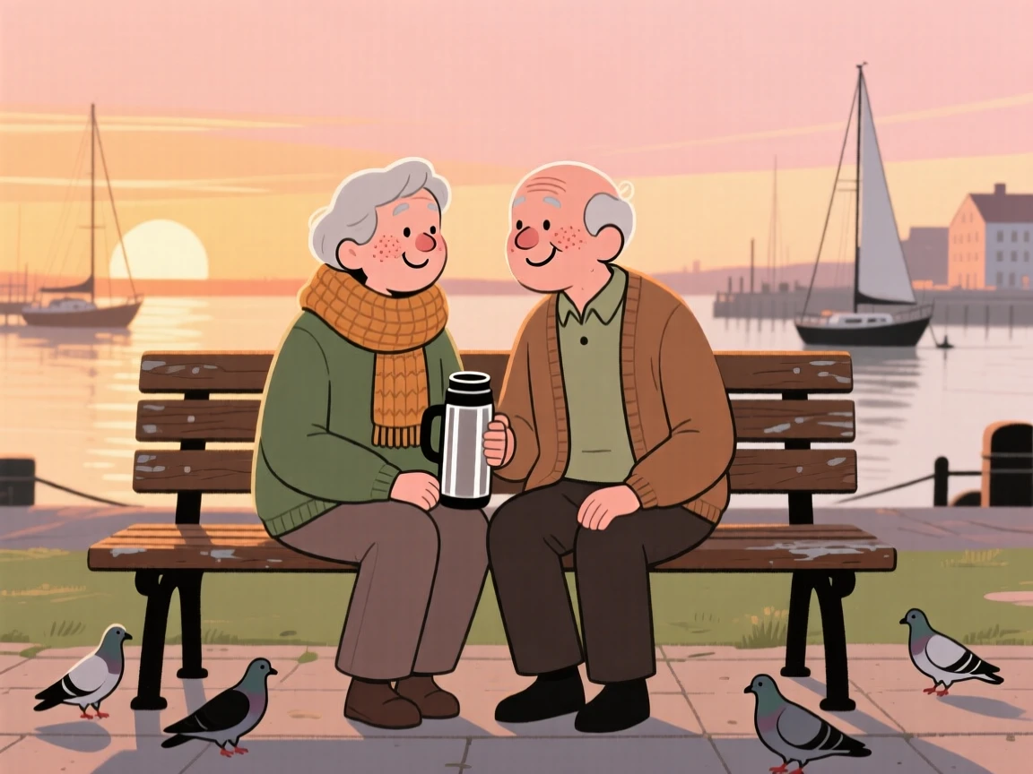 Two old friends sit on a weathered park bench overlooking the harbor at sunset, sharing a shared thermos of tea and easy laughter as pigeons wander near their feet.