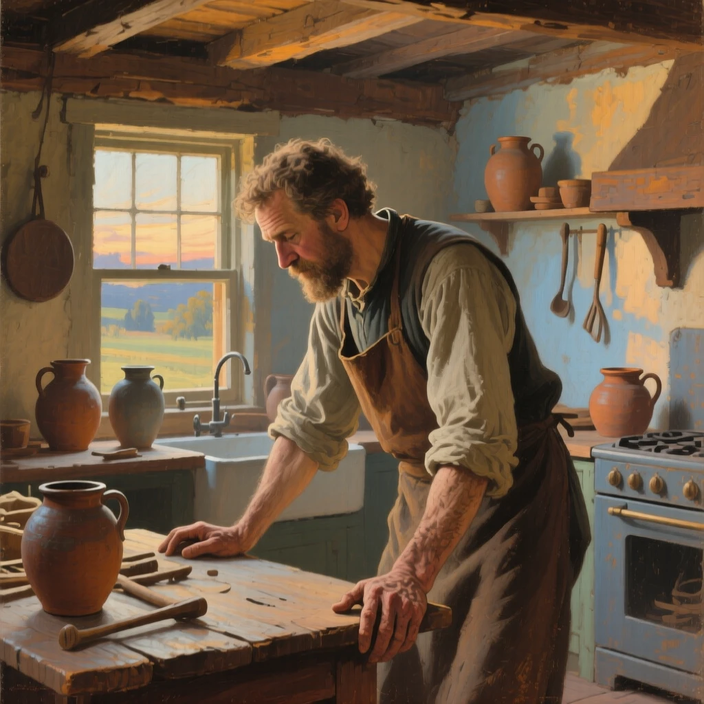 A detailed close shot of a traveling craftsman in a sunlit farmhouse kitchen, lost in thoughtful reflection, in the pale light of early evening.