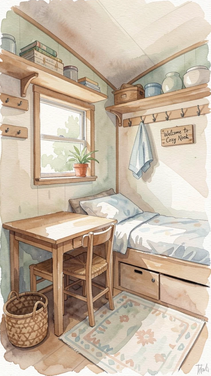 A tiny house interior with clever storage.