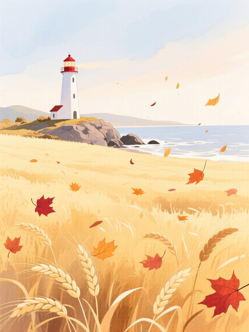 A breathtaking view of a golden wheat field as autumn leaves fall, with a distant lighthouse visible on the shore