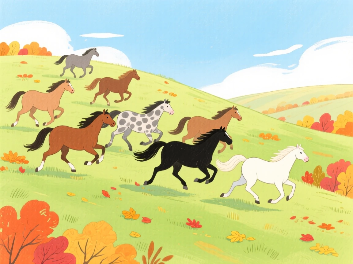 A herd of wild horses playing joyfully in a rolling green hillside on a crisp autumn afternoon.