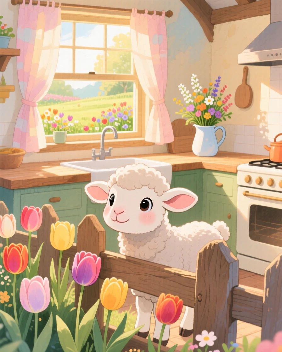 A baby lamb peeking through a fence at a garden full of tulips, set in a cozy farmhouse kitchen with morning light streaming in, full of playful curiosity.