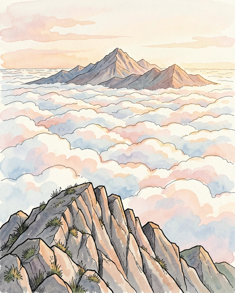 A sea of clouds viewed from a mountain summit at sunrise, distant peaks emerging like islands