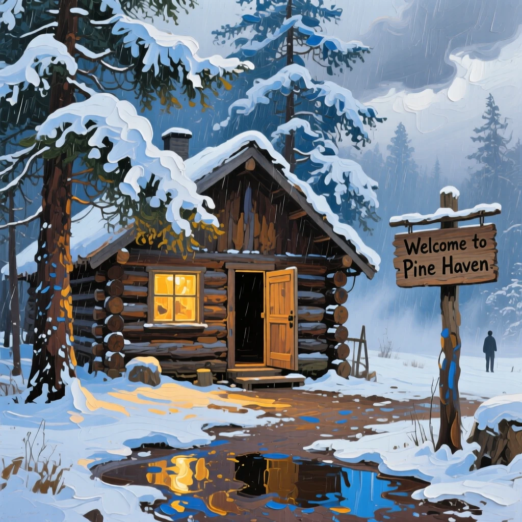 a wooden cabin beneath snow-laden pines, just after a summer storm, from an inviting eye-level viewpoint.