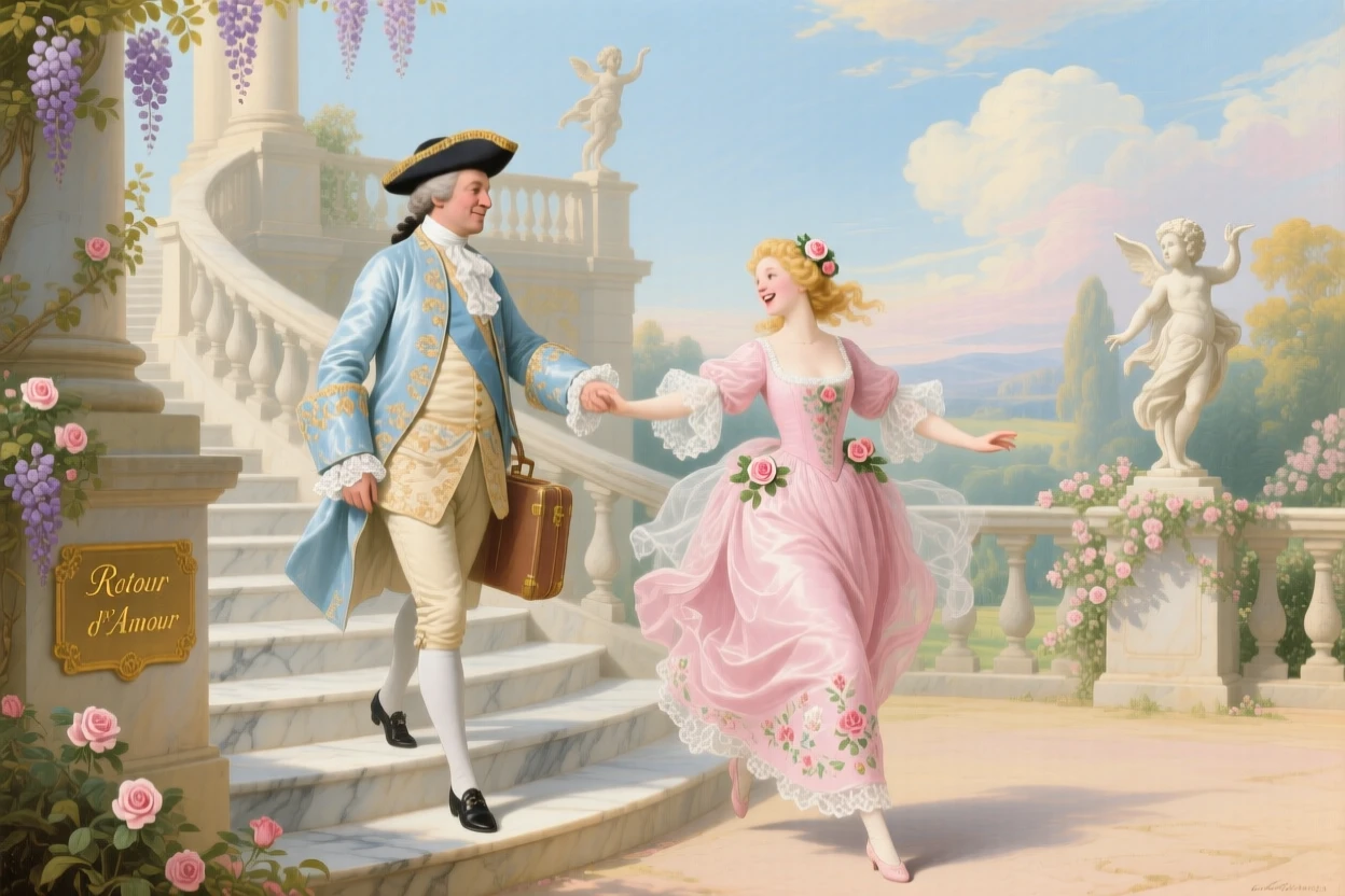 A nobleman returning from travel as his beloved runs down palace steps toward him  